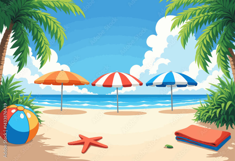 Fototapeta premium Cartoon Beach Scene with Umbrellas and Beach Ball