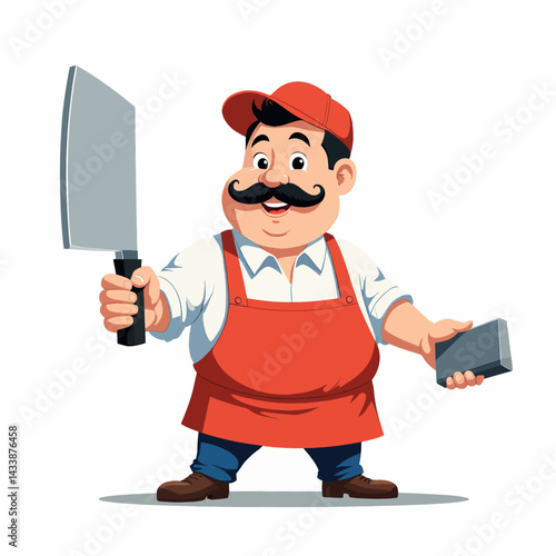 Cartoon butcher with cleaver and sharpening stone