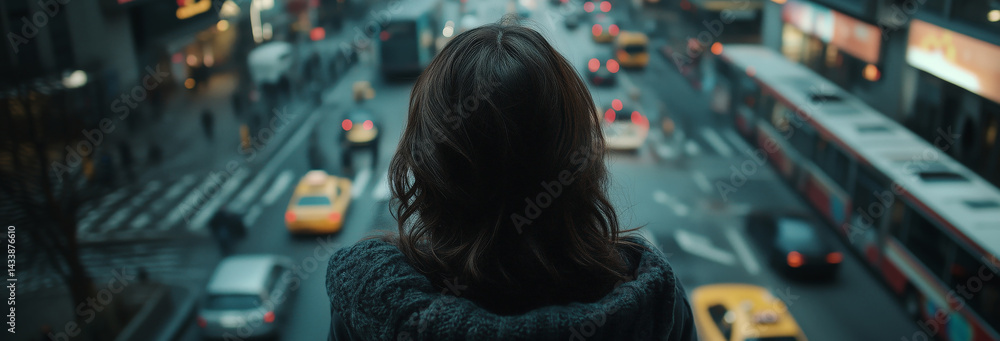 cinematic still shot Top view from a women in a busy street who is looking up the camera in a big city.