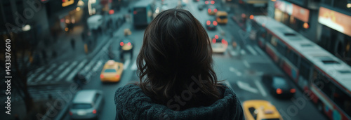 Obraz na płótnie cinematic still shot Top view from a women in a busy street who is looking up the camera in a big city. w salonie