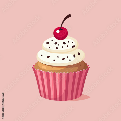 Cartoon Cupcake with Cherry on Pink Background
