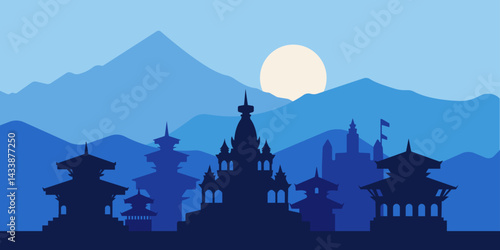 Nepal Temple Silhouette with Blue Mountains – Vector Illustration