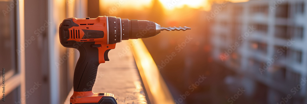 a power drill on a balcony of an apartment, no other tools, sunlight