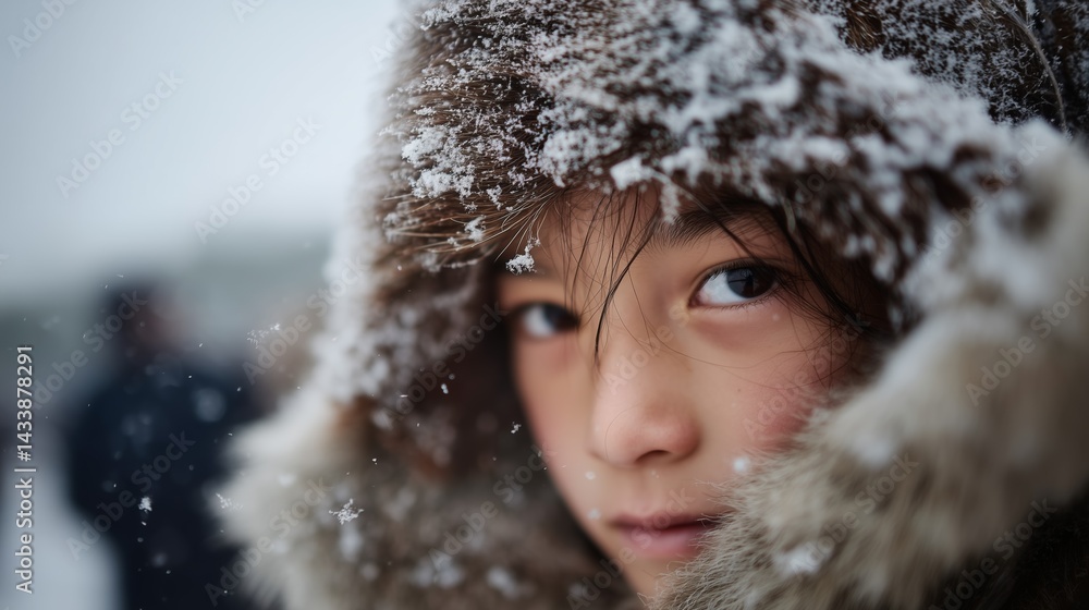 Close-up portrait of a child wearing a fur hooded coat, surrounded by snowflakes on a cold winter day. Close-up portrait of a child wearing a fur hooded coat, surrounded by snowflakes on a cold winter day.