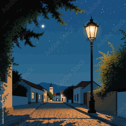 Cobblestone street at night with glowing lamp post and church steeple