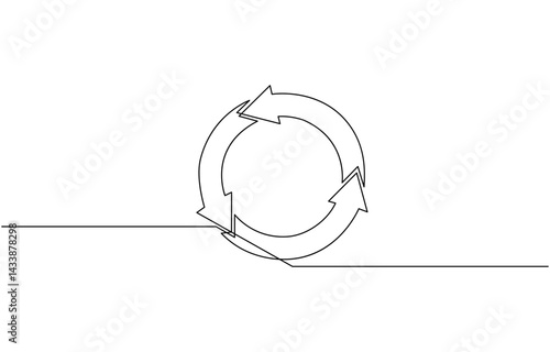 Continuous one line drawing recycling symbol. Recycling linear icon, Round frame with arrows, abstract vector continuous line drawing arrow icon. Premium vector illustration.