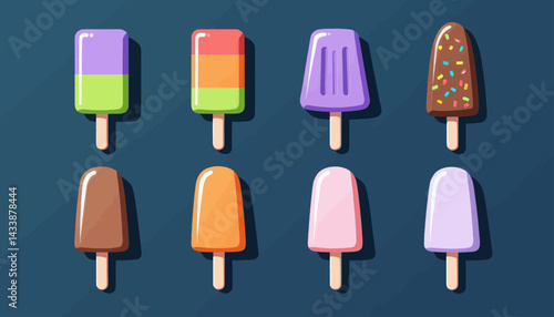 Colorful Cartoon Popsicle Collection on Dark Blue