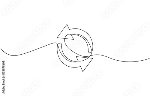 Continuous one line drawing recycling symbol. Recycling linear icon, Round frame with arrows, abstract vector continuous line drawing arrow icon. Premium vector illustration.