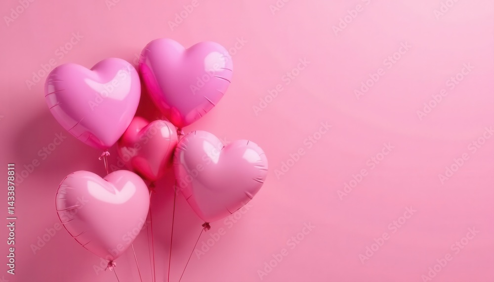 Several pink heart-shaped balloons against a matching pink background , shot, romance Several pink heart-shaped balloons against a matching pink background , shot, romance