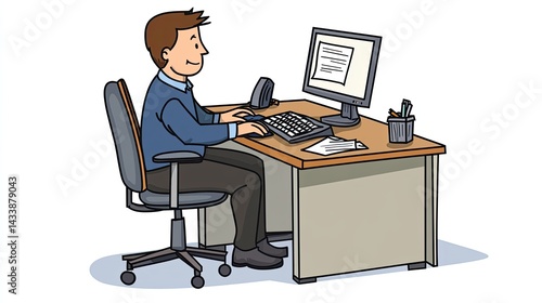 A man with glasses sits at a desk in a modern office, focused on typing at a keyboard.