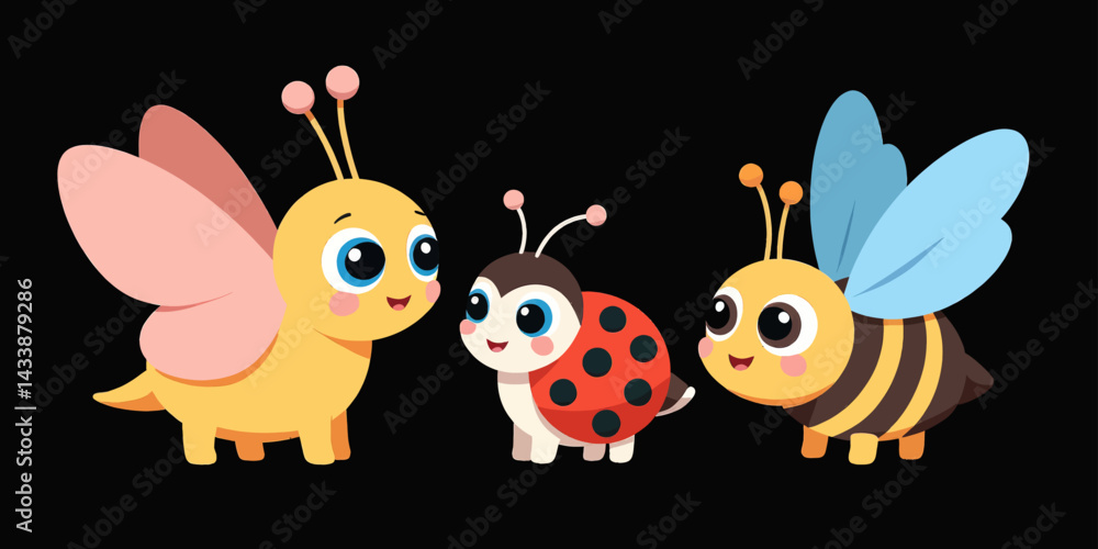 Obraz premium Cute Cartoon Butterfly, Ladybug, and Bee Trio