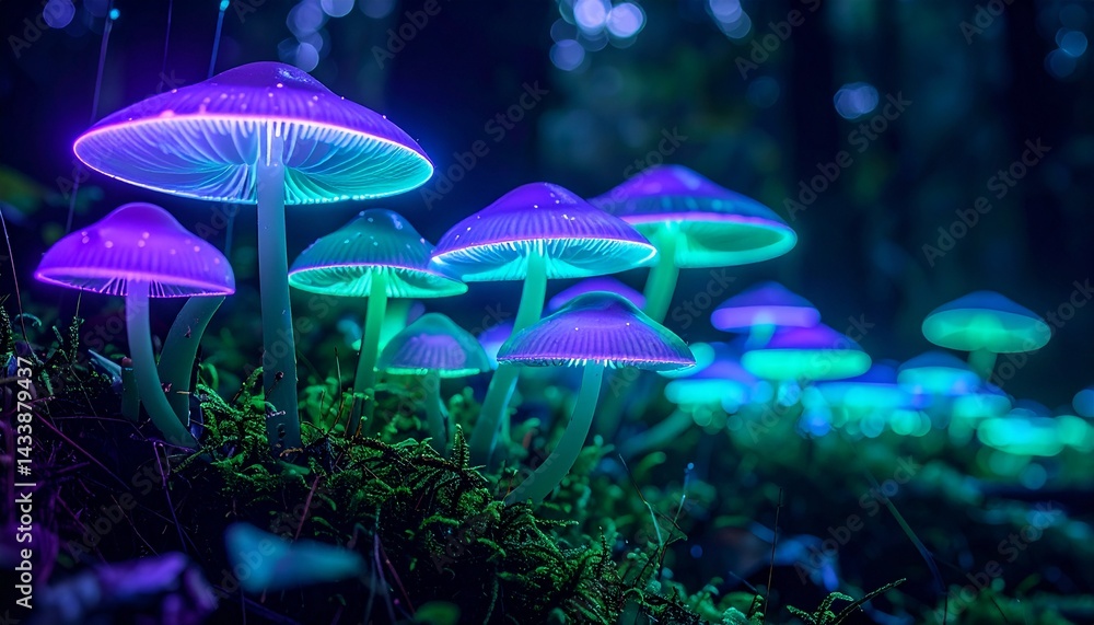 Fototapeta premium A glowing bioluminescent forest at night, mushrooms emitting soft neon light in shades of violet, aqua, and emerald.