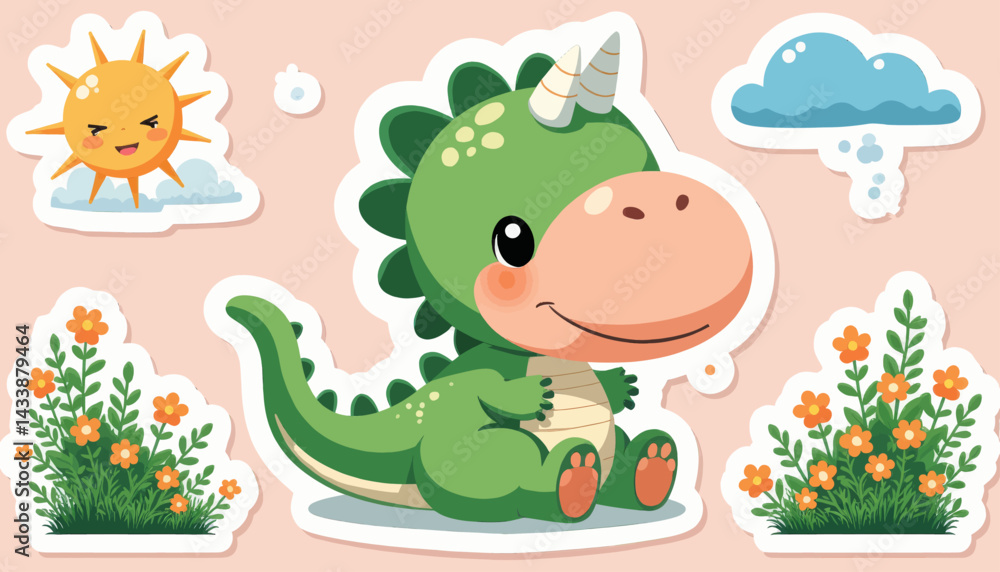 Obraz premium Cute Cartoon Dinosaur Sticker Set with Sun and Flowers