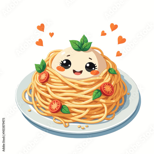 Cute cartoon spaghetti with tomato and basil garnish