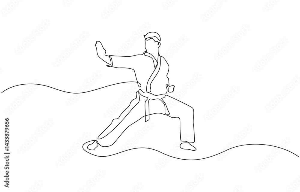 One continuous line drawing karate fighter in kimono practicing karate kick combat, Single line drawing of sporty young karateka man in fighting uniform with belt exercising martial arts in gym. One continuous line drawing karate fighter in kimono practicing karate kick combat, Single line drawing of sporty young karateka man in fighting uniform with belt exercising martial arts in gym.