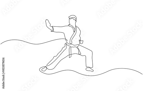 One continuous line drawing karate fighter in kimono practicing karate kick combat, Single line drawing of sporty young karateka man in fighting uniform with belt exercising martial arts in gym.