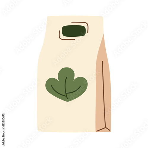 Paper food craft bag package, eco-friendly herbal tea drink packaging, natural biodegradable product container, sustainable beverage branding, green leaf emblem, minimal organic vector illustration.