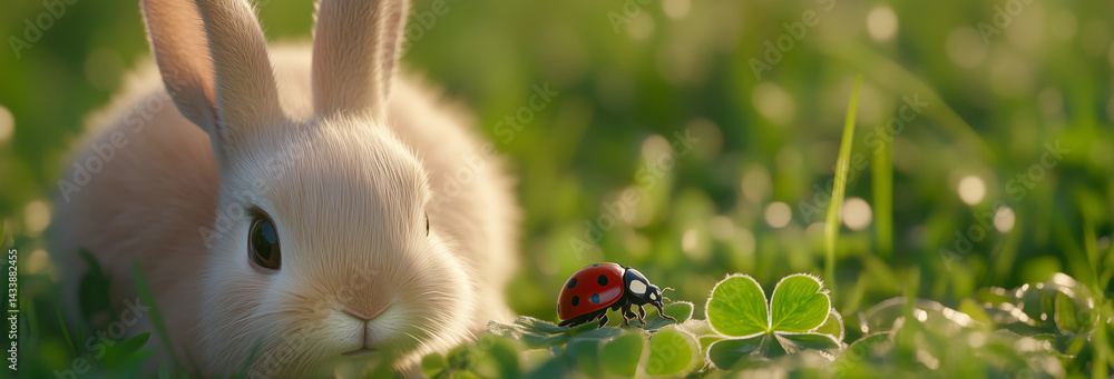 A charming image of a ladybug crawling on a clover leaf near the nose of a fluffy rabbit munching on grass