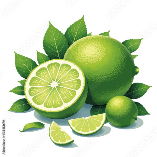 Fresh green limes with leaves and slices on white