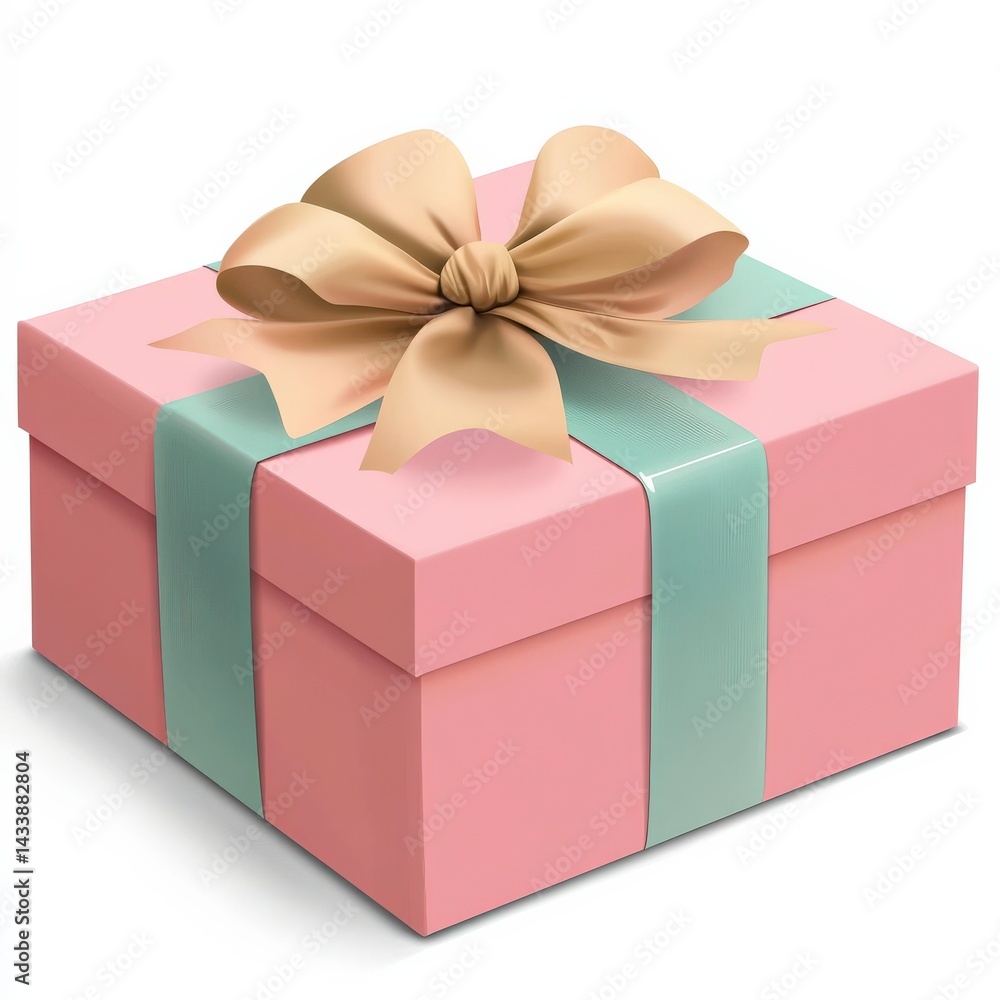 Obraz premium Pink Gift Box with Beige Ribbon and Bow on White Background