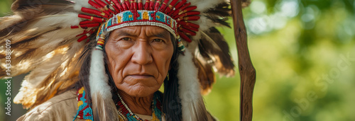 A dignified portrait of a Native American chief wearing a full ceremonial headdress with eagle feathers