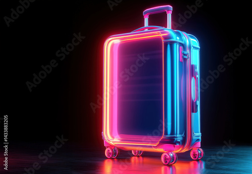 A suitcase with neon lights on it. The suitcase is on a wooden floor. The suitcase is glowing in the dark
