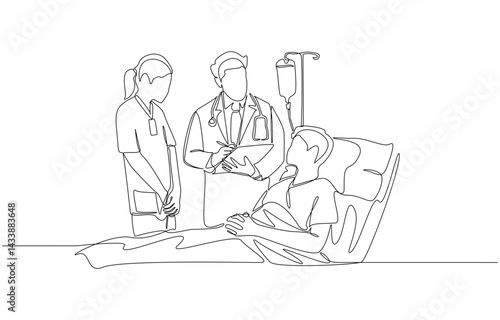 Continuous one line drawing of doctor and nurse attending to patient lying on hospital bed, medical consultation in hospital room concept, single line art