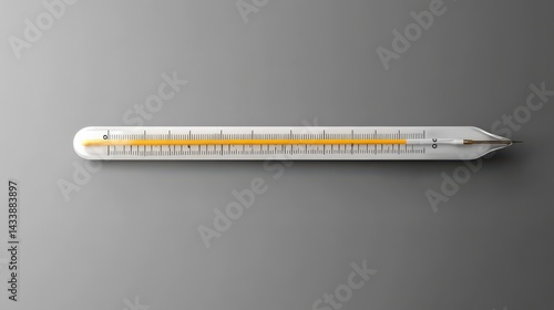 Close up view of a white glass thermometer with a yellow indicator on a gray background. The thermometer is lying horizontally, showing a specific temperature reading. 