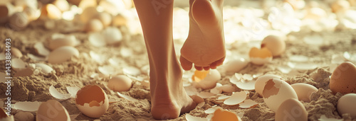 Obraz na płótnie A person carefully stepping on a path made entirely of eggshells, each step taken delicately to avoid breaking them, symbolizing a sensitive w salonie