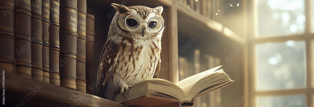a wise owl perched on a wooden shelf in an antique library.