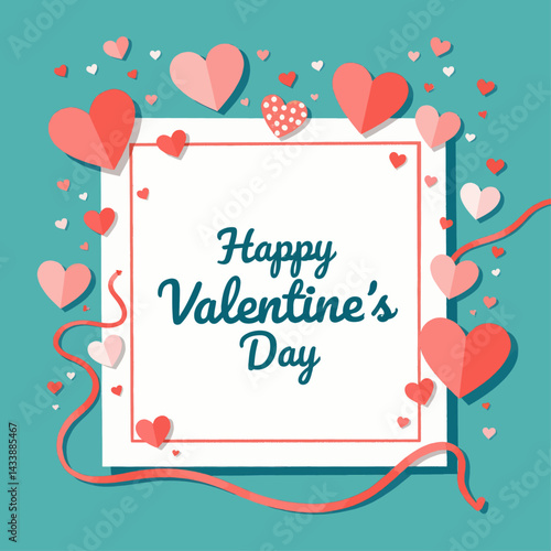 Happy Valentine's Day hearts and ribbons on teal background