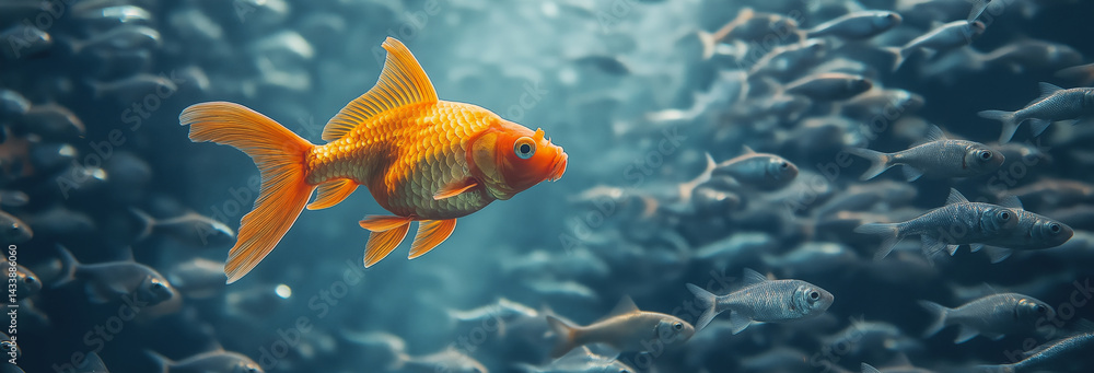 An underwater scene with a large school of small, gray fish all swimming in the same direction.