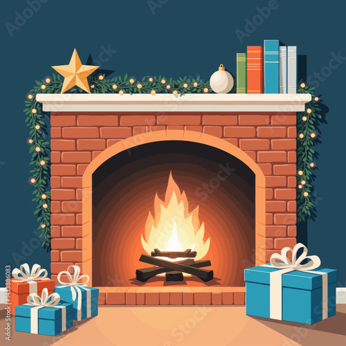 Holiday Fireplace with Gifts and Garland