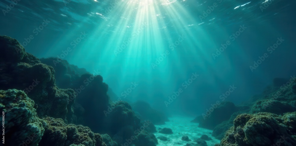 Fototapeta premium Subtle teal and navy underwater scene with light flares , digital, depth, gradation