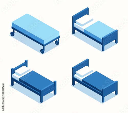 Isometric beds and hospital gurney in blue tones