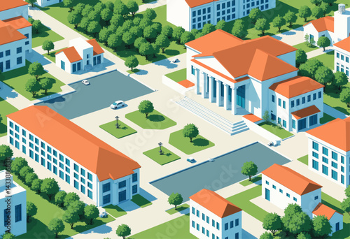 Isometric View of a University Campus with Orange Roofs