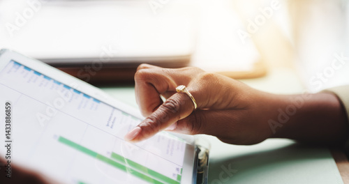 Obraz na płótnie Graphs, screen and hands of person on tablet with statistics, online data and information. Business, professional and closeup of worker on digital tech for report, finance review and profit analytics w salonie