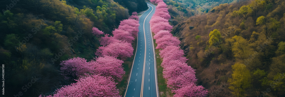 dronw view of a road in the mountains aligned with cherry trees