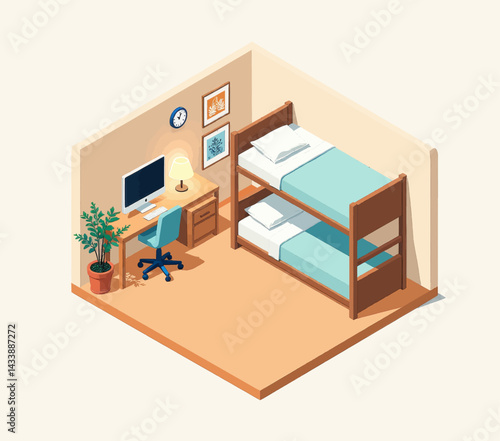 Isometric dorm room with bunk bed and desk setup