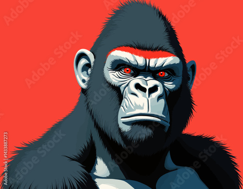 Intense gorilla with red eyes on red background