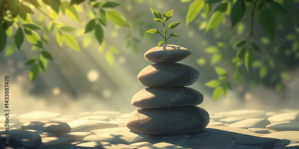 a small stack of smooth stones, with a single green plant sprouting from the top stone a small stack of smooth stones, with a single green plant sprouting from the top stone