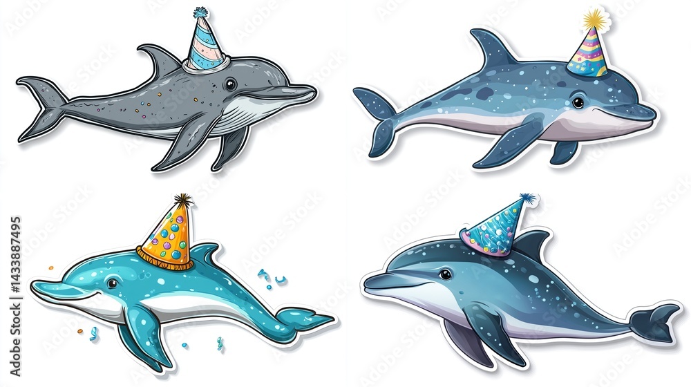 Four cartoon dolphins wearing party hats. Four cartoon dolphins wearing party hats.