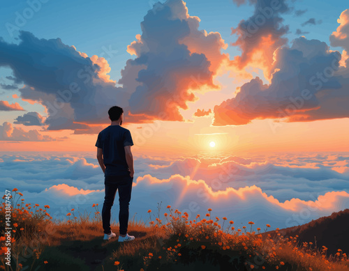 Man gazes at sunset above cloudscape, orange wildflowers