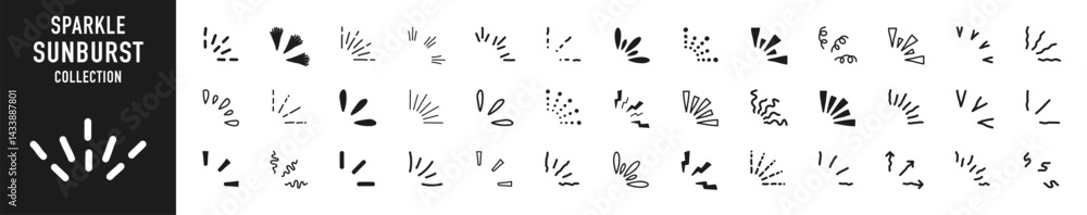 Obraz premium Doodle sparkle starburst set. Sunburst rays. Hand drawn elements Star, firework explosion, sun beams, black lines, surprise, outline, confetti, decorative, retro style. Art design elements.