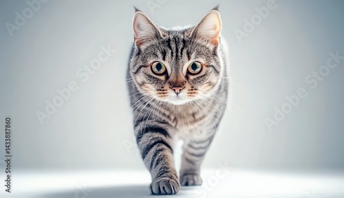 Tabby Cat Walking Towards Camera in Studio Setting