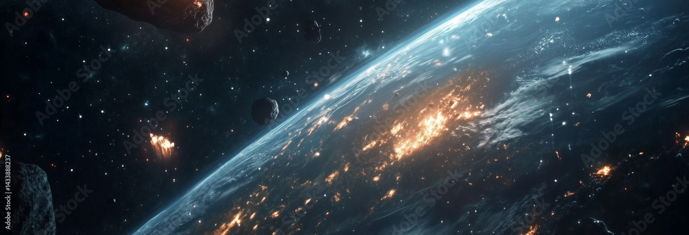 meteor approaching Earth in space, the meteorite is approaching the planet