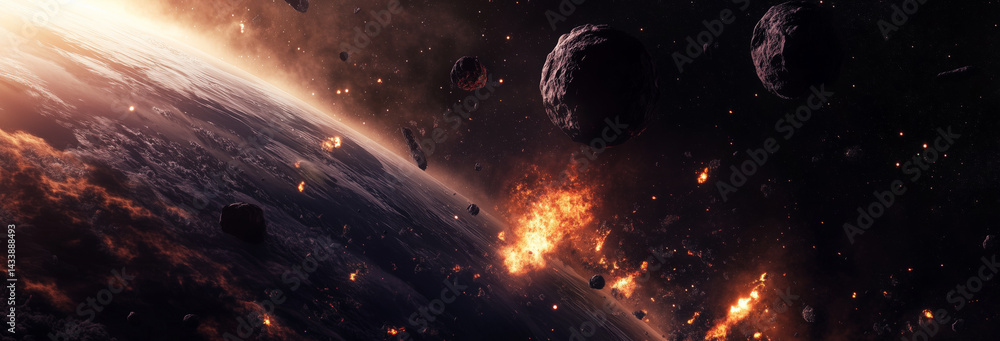meteor approaching Earth in space, the meteorite is approaching the planet