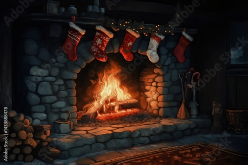 Obraz na płótnie Warm and cozy Christmas scene with stockings hanging over a stone fireplace with a crackling fire, creating a festive and inviting atmosphere w salonie