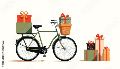 Olive green bicycle delivering colorful gifts
