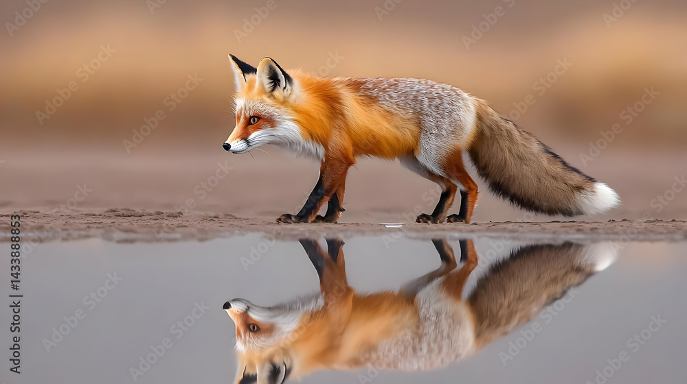 Fototapeta premium Red Fox Reflecting in Puddle
